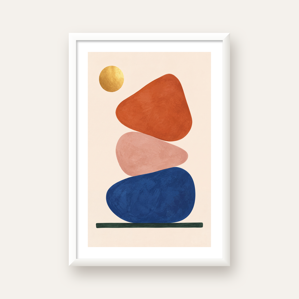 Minimalist Geometrik Taş ve Güneş Modern Poster Baskı — beyaz çerçeveli dikey poster