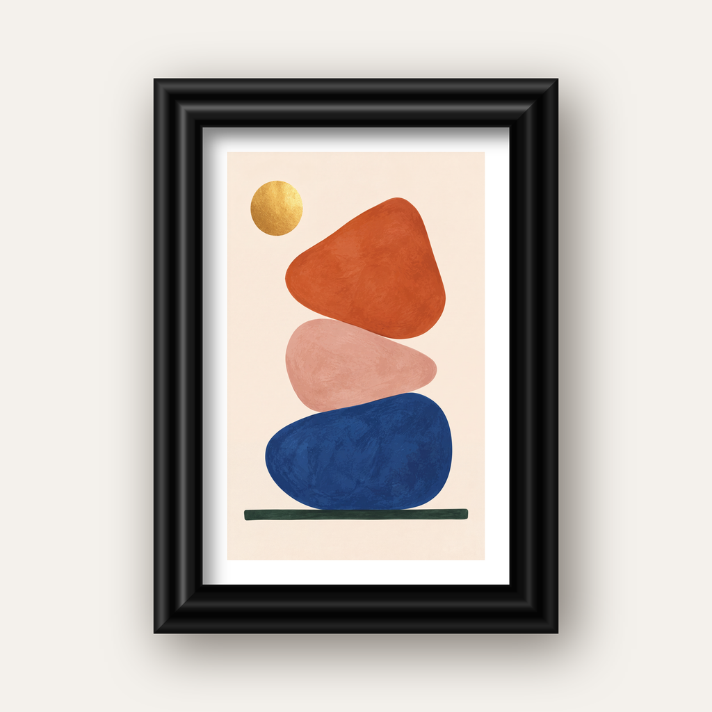 Minimalist Geometrik Taş ve Güneş Modern Poster Baskı — siyah galeri çerçeveli paspartulu