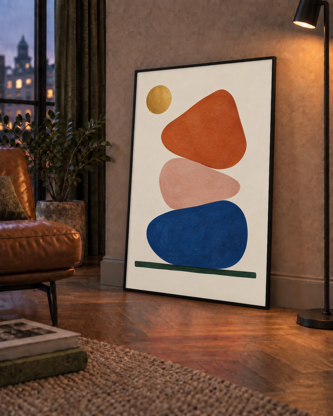 Minimalist Geometrik Taş ve Güneş Modern Poster Baskı — çerçeveli hâliyle bir ev duvarında
