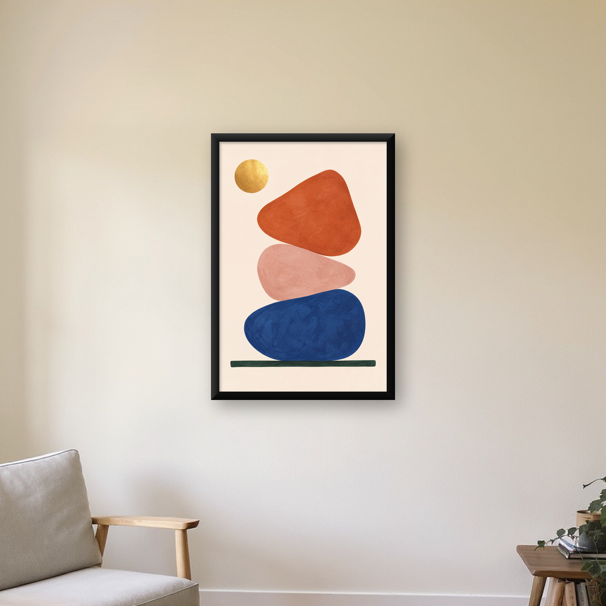Minimalist Geometrik Taş ve Güneş Modern Poster Baskı — çerçeveli hâliyle bir ev duvarında