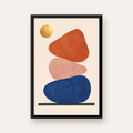 Minimalist Geometrik Taş ve Güneş Modern Poster Baskı — düz siyah çerçeveli duvar posteri