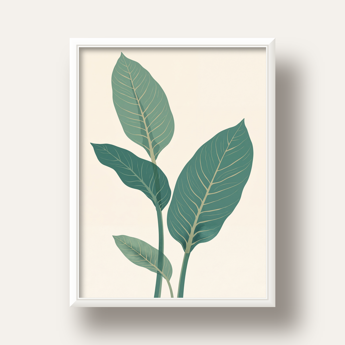 Minimalist Yeşil Yaprak İllüstrasyonlu Modern Poster — beyaz derin çerçeveli