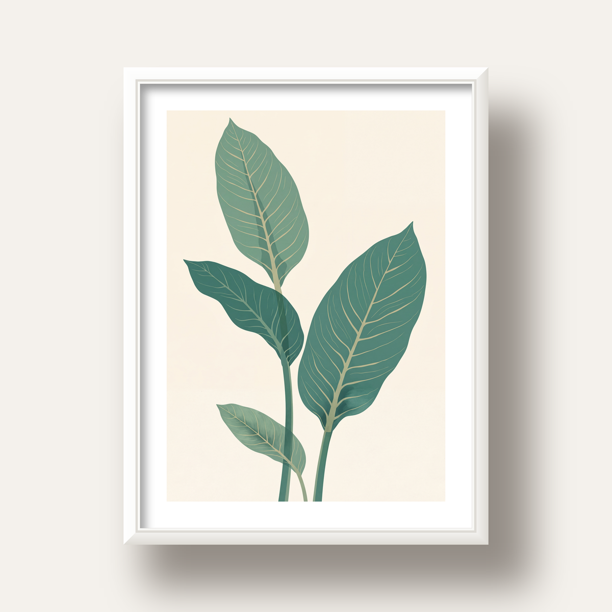 Minimalist Yeşil Yaprak İllüstrasyonlu Modern Poster — beyaz derin çerçeveli paspartulu