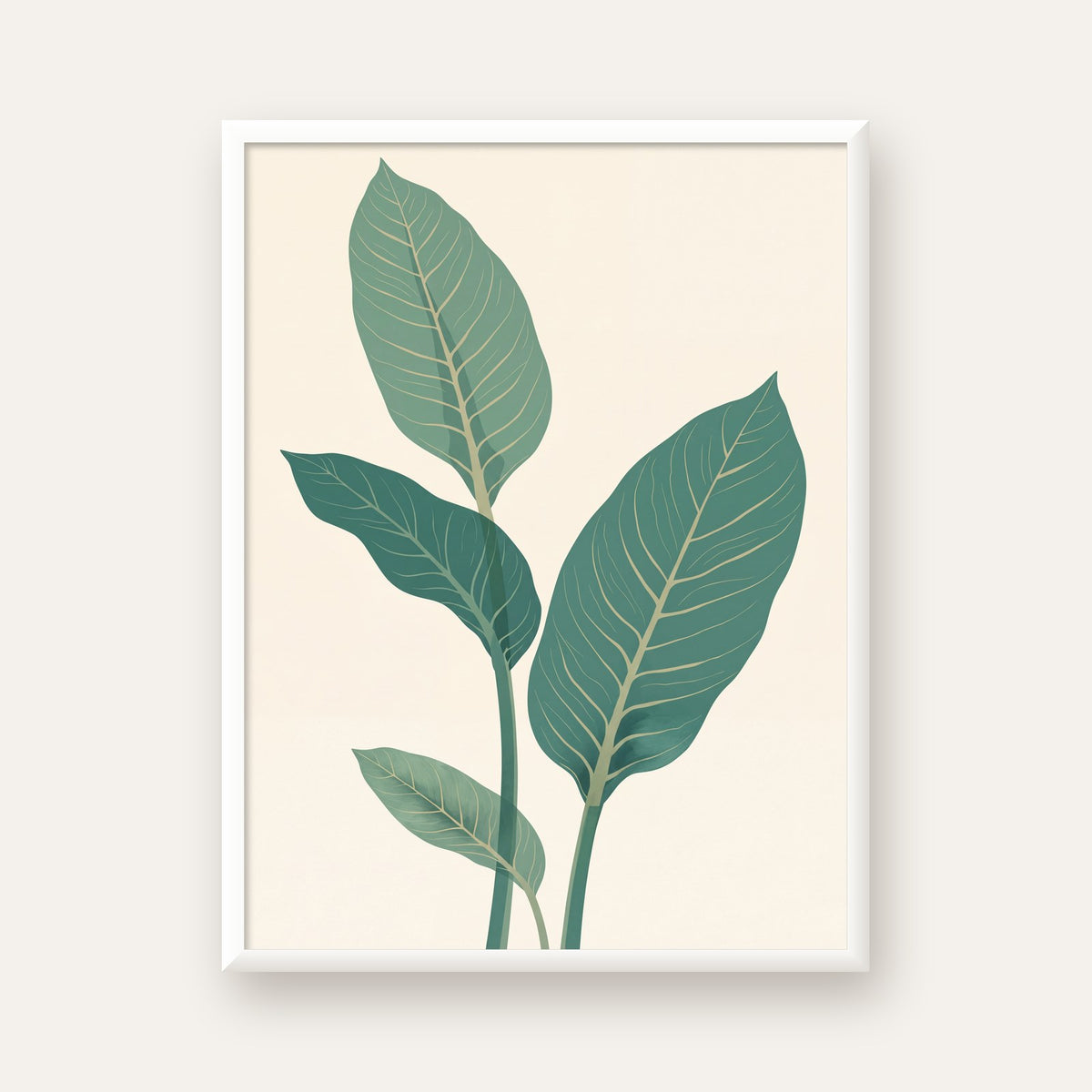Minimalist Yeşil Yaprak İllüstrasyonlu Modern Poster — beyaz çerçeveli dikey poster