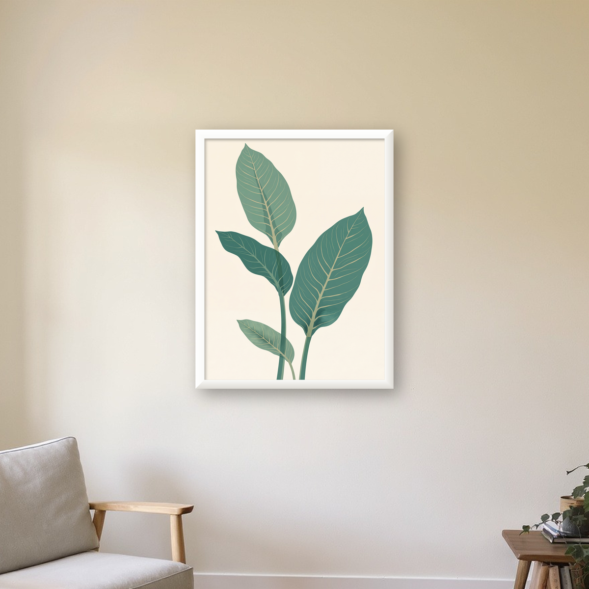 Minimalist Yeşil Yaprak İllüstrasyonlu Modern Poster — beyaz çerçeveli dikey poster