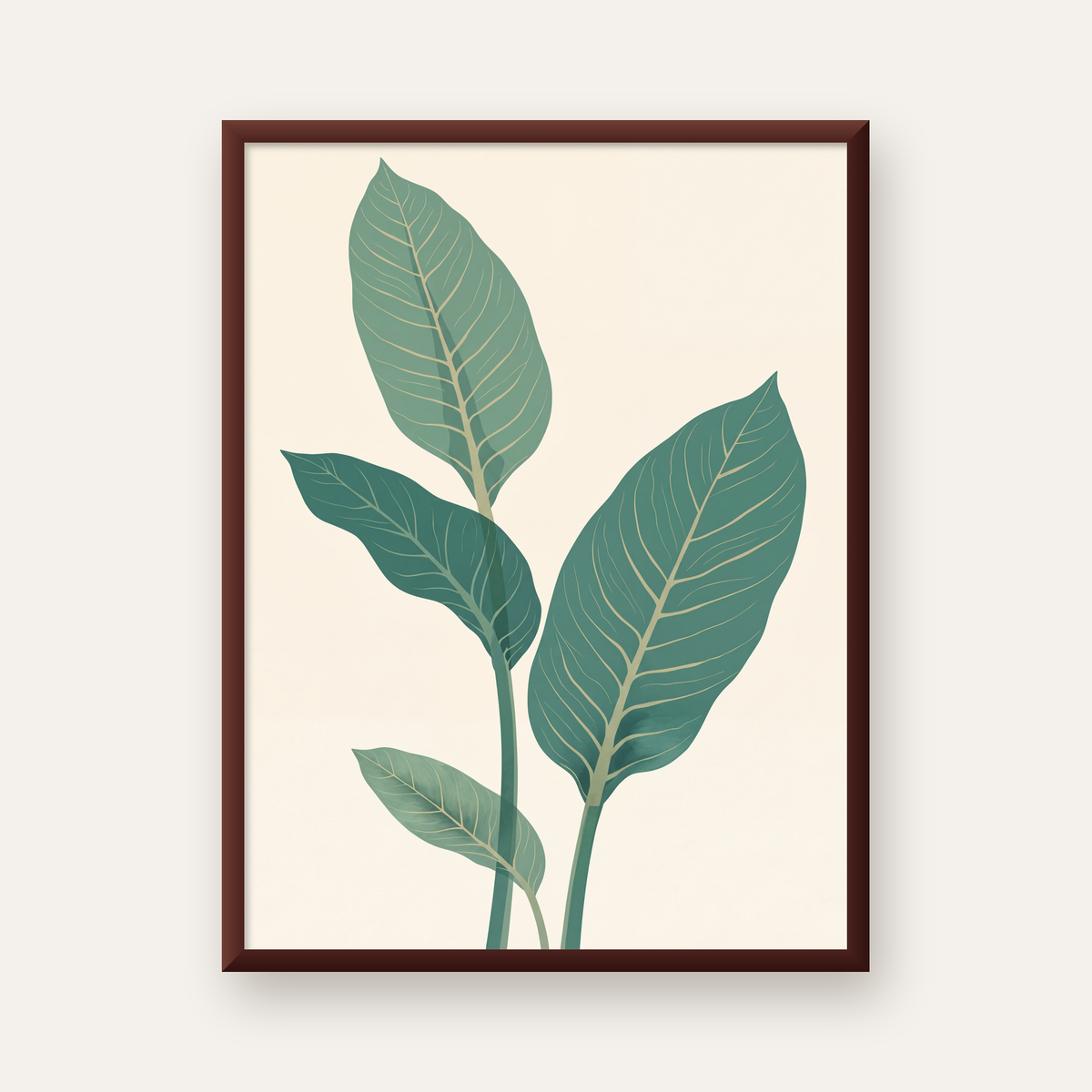 Minimalist Yeşil Yaprak İllüstrasyonlu Modern Poster — ceviz çerçeveli