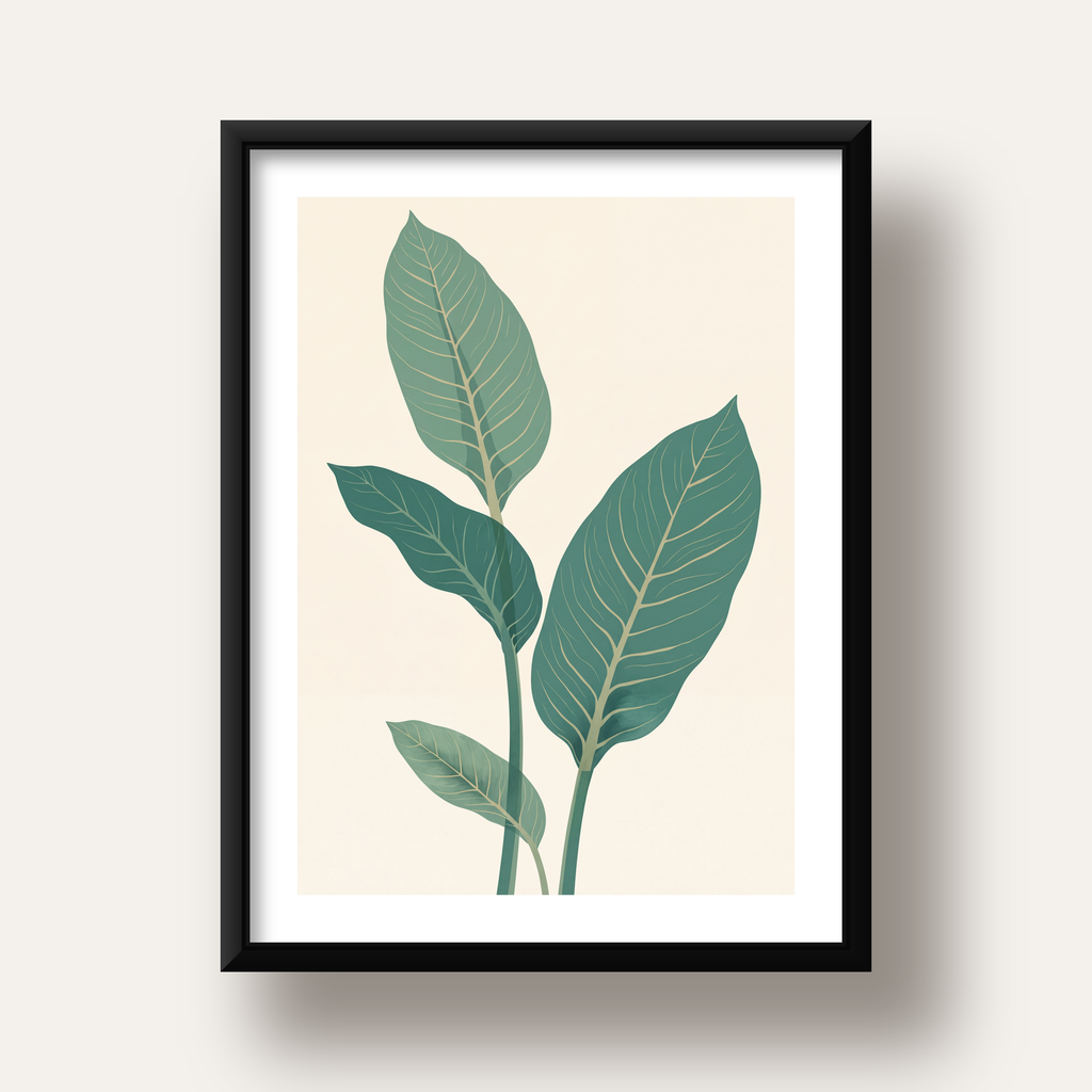 Minimalist Yeşil Yaprak İllüstrasyonlu Modern Poster — siyah derin çerçeveli paspartulu