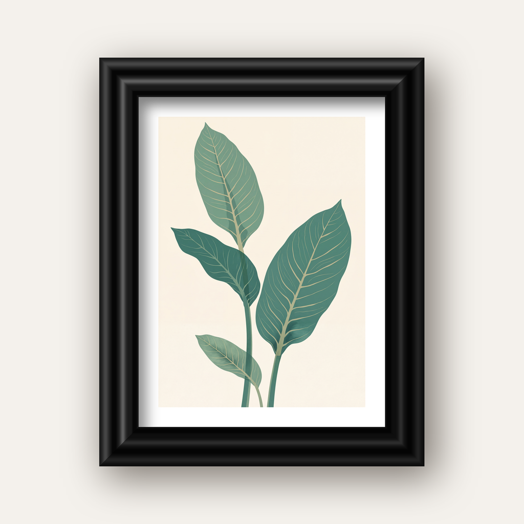 Minimalist Yeşil Yaprak İllüstrasyonlu Modern Poster — siyah galeri çerçeveli paspartulu