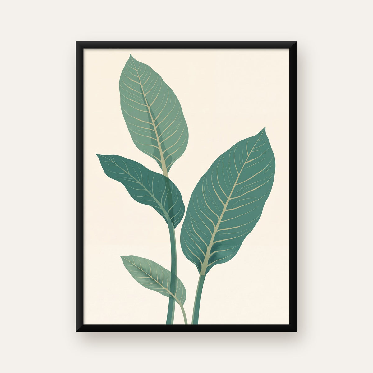 Minimalist Yeşil Yaprak İllüstrasyonlu Modern Poster — Dikey baskı, düz siyah çerçeveli duvar posteri