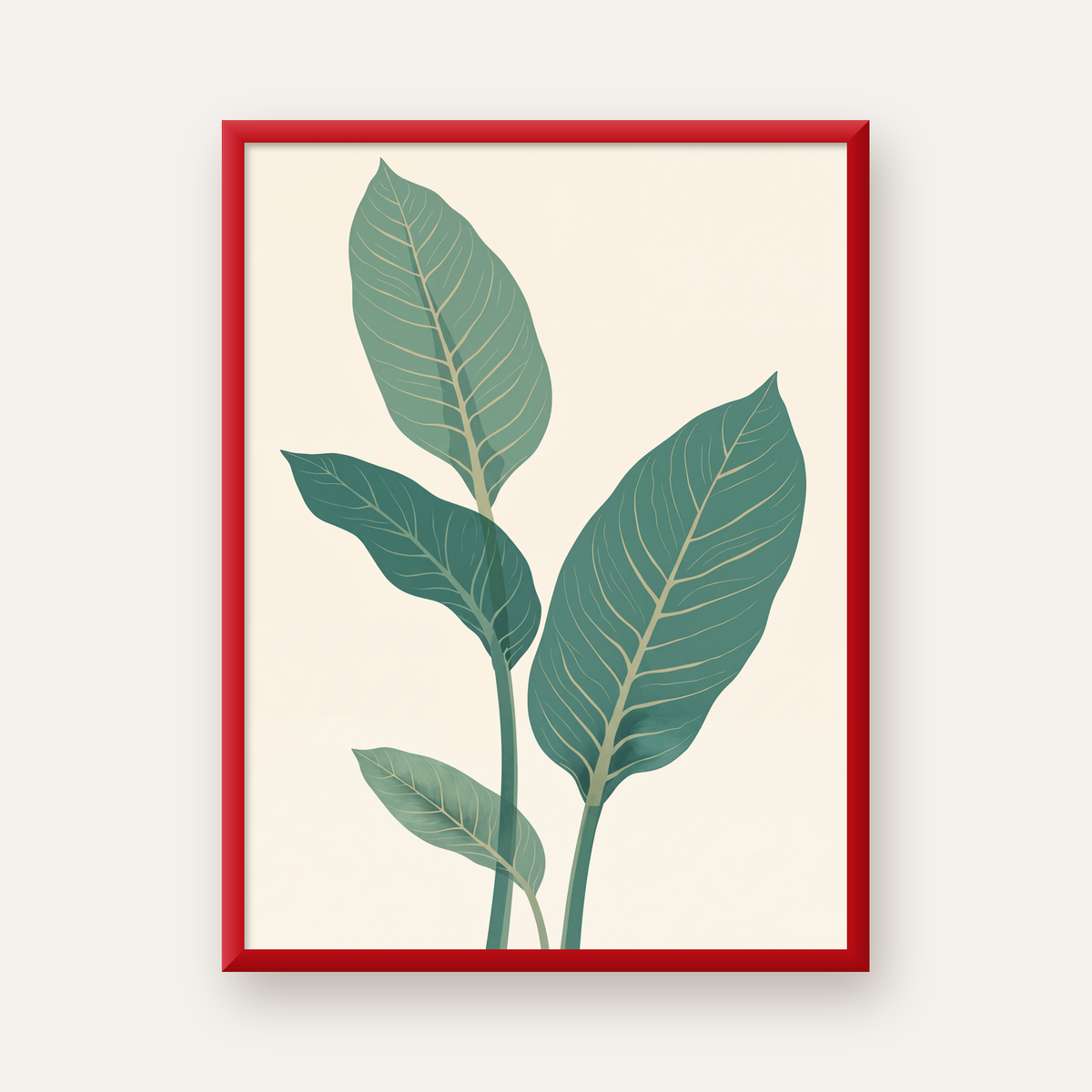 Minimalist Yeşil Yaprak İllüstrasyonlu Modern Poster — kırmızı çerçeveli