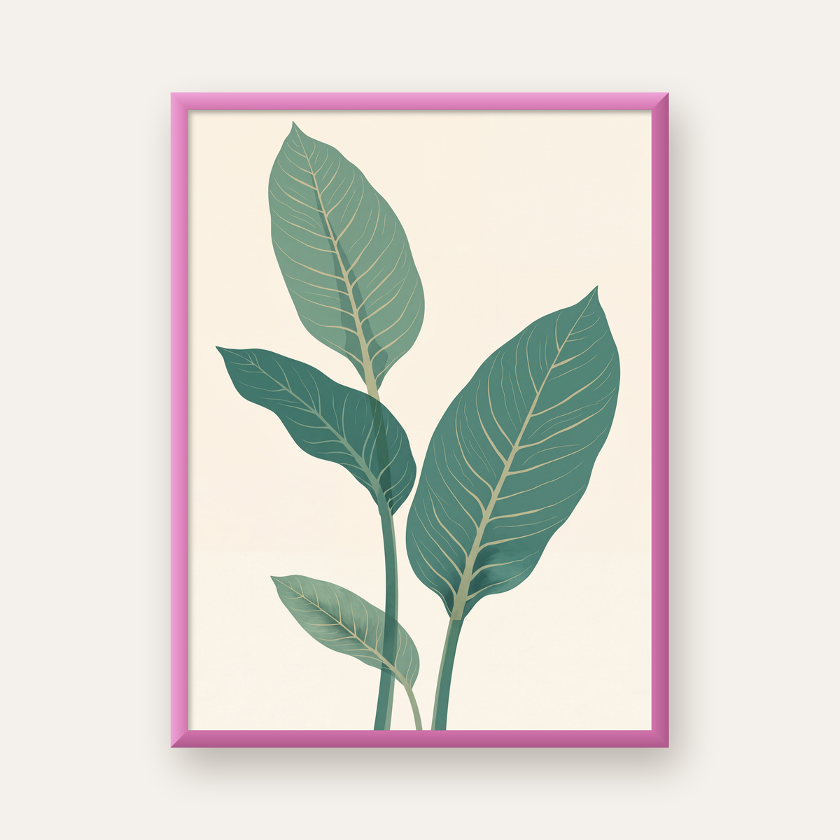 Minimalist Yeşil Yaprak İllüstrasyonlu Modern Poster — pembe çerçeveli