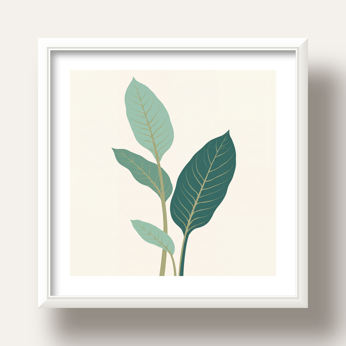 Minimalist Yeşil Yaprak İllüstrasyonlu Modern Poster — beyaz derin çerçeveli paspartulu