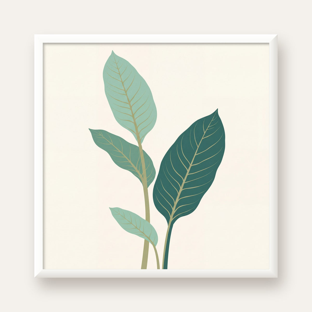 Minimalist Yeşil Yaprak İllüstrasyonlu Modern Poster — beyaz çerçeveli kare poster