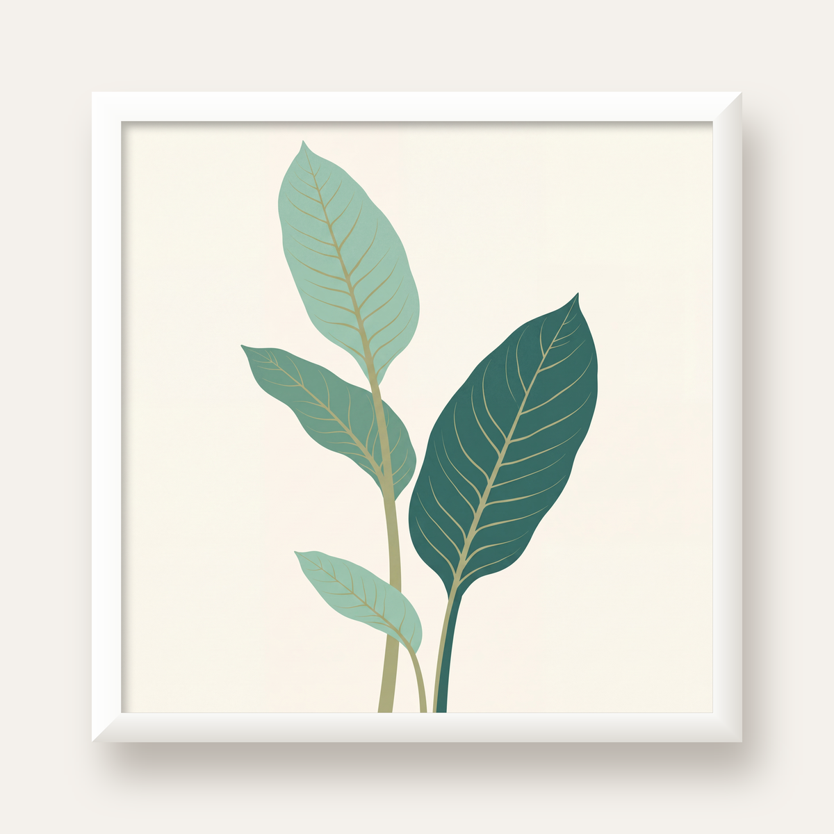 Minimalist Yeşil Yaprak İllüstrasyonlu Modern Poster — beyaz çerçeveli kare poster