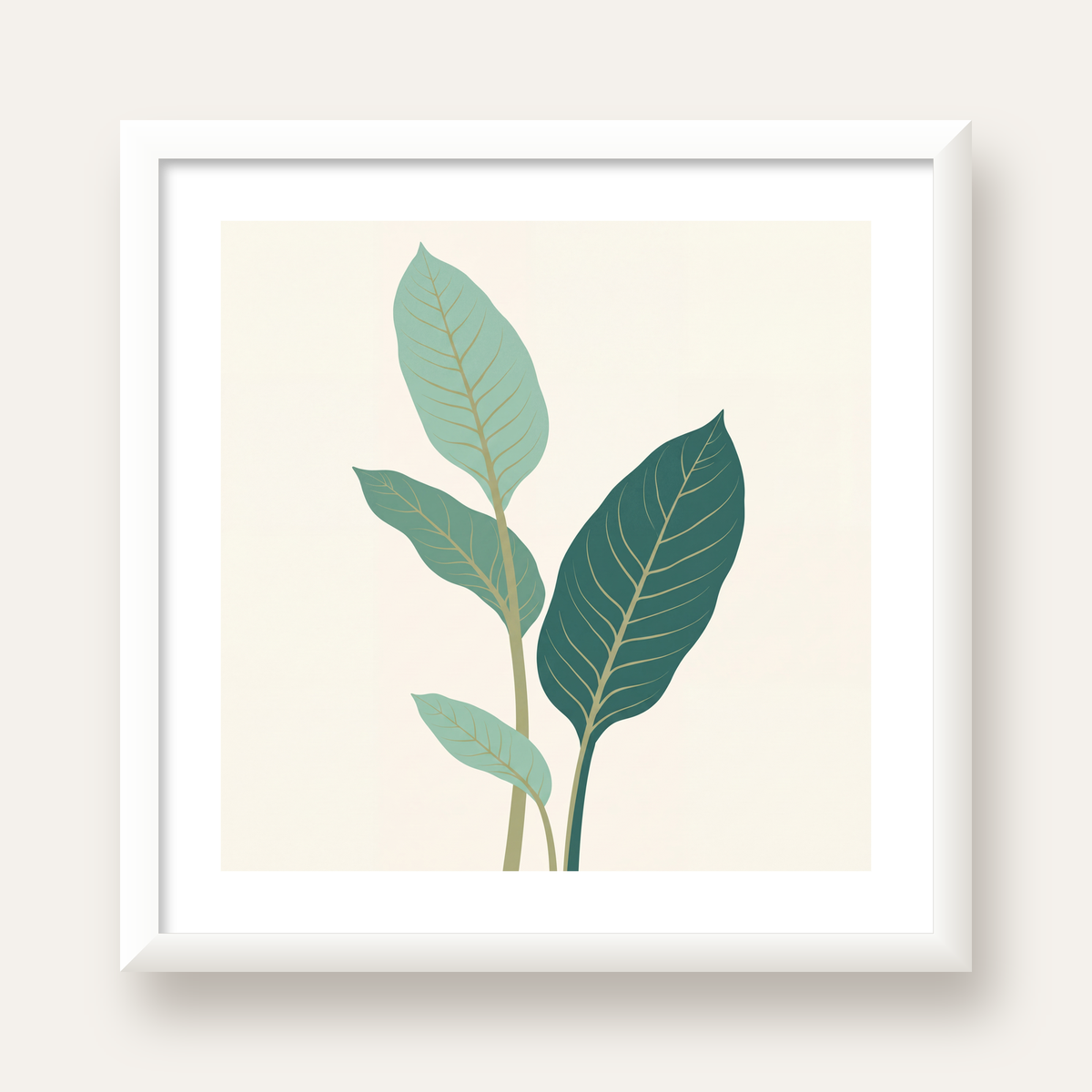 Minimalist Yeşil Yaprak İllüstrasyonlu Modern Poster — beyaz çerçeveli kare poster