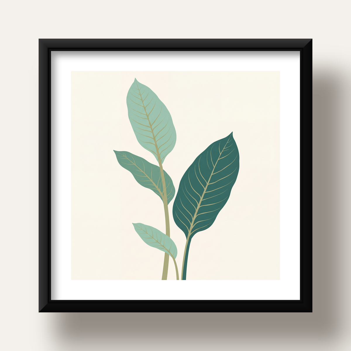 Minimalist Yeşil Yaprak İllüstrasyonlu Modern Poster — siyah derin çerçeveli paspartulu