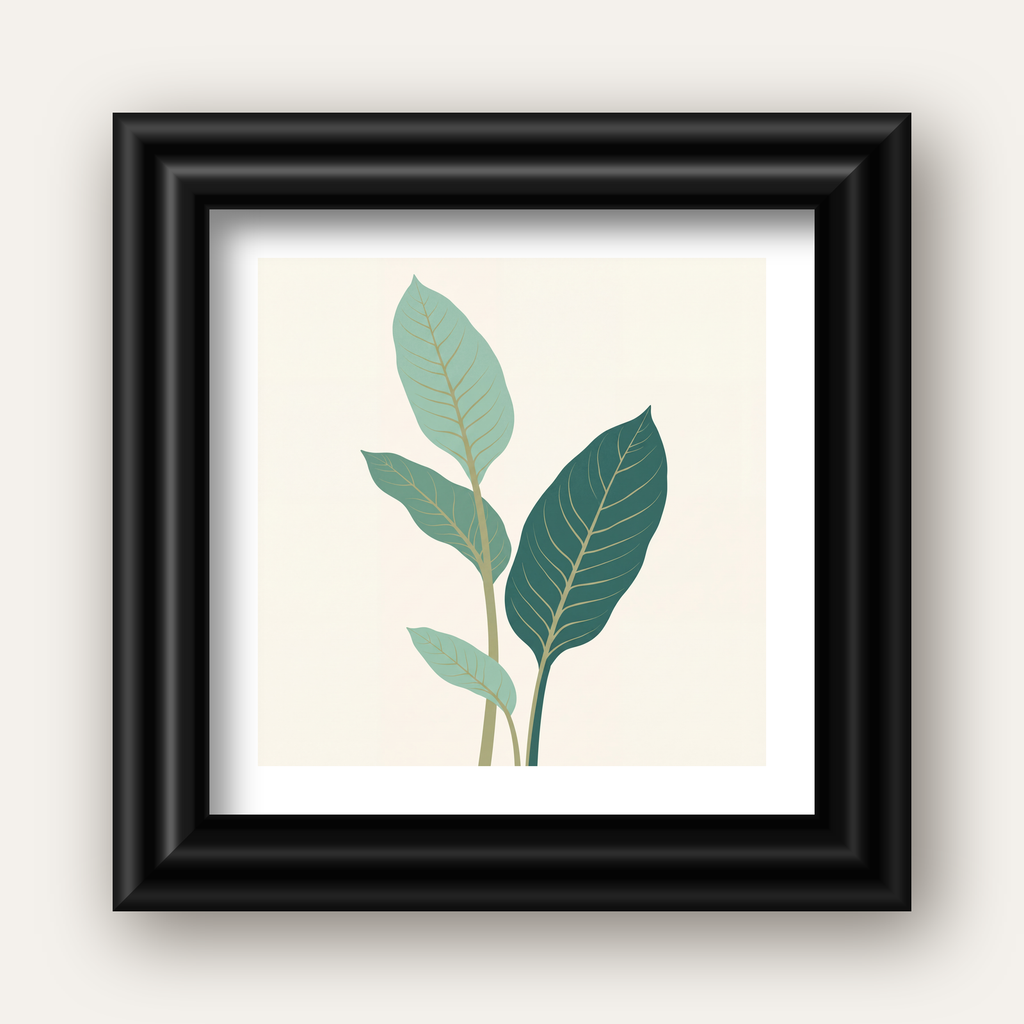 Minimalist Yeşil Yaprak İllüstrasyonlu Modern Poster — siyah galeri çerçeveli paspartulu