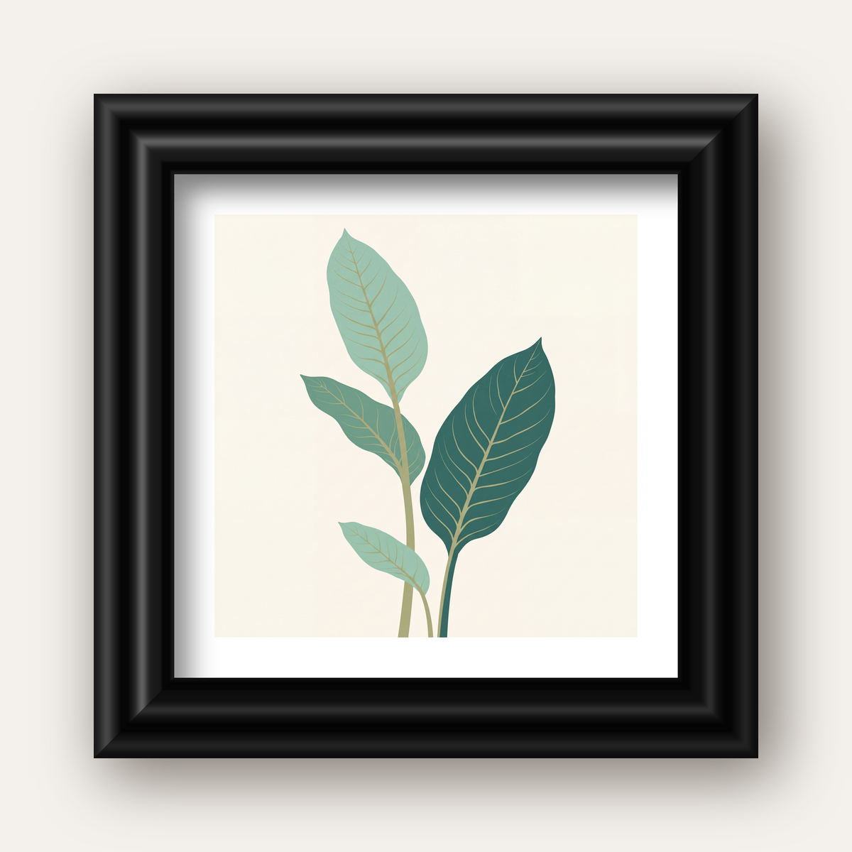 Minimalist Yeşil Yaprak İllüstrasyonlu Modern Poster — siyah galeri çerçeveli paspartulu