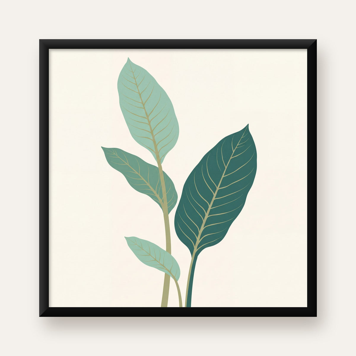 Minimalist Yeşil Yaprak İllüstrasyonlu Modern Poster — Kare baskı, düz siyah çerçeveli duvar posteri