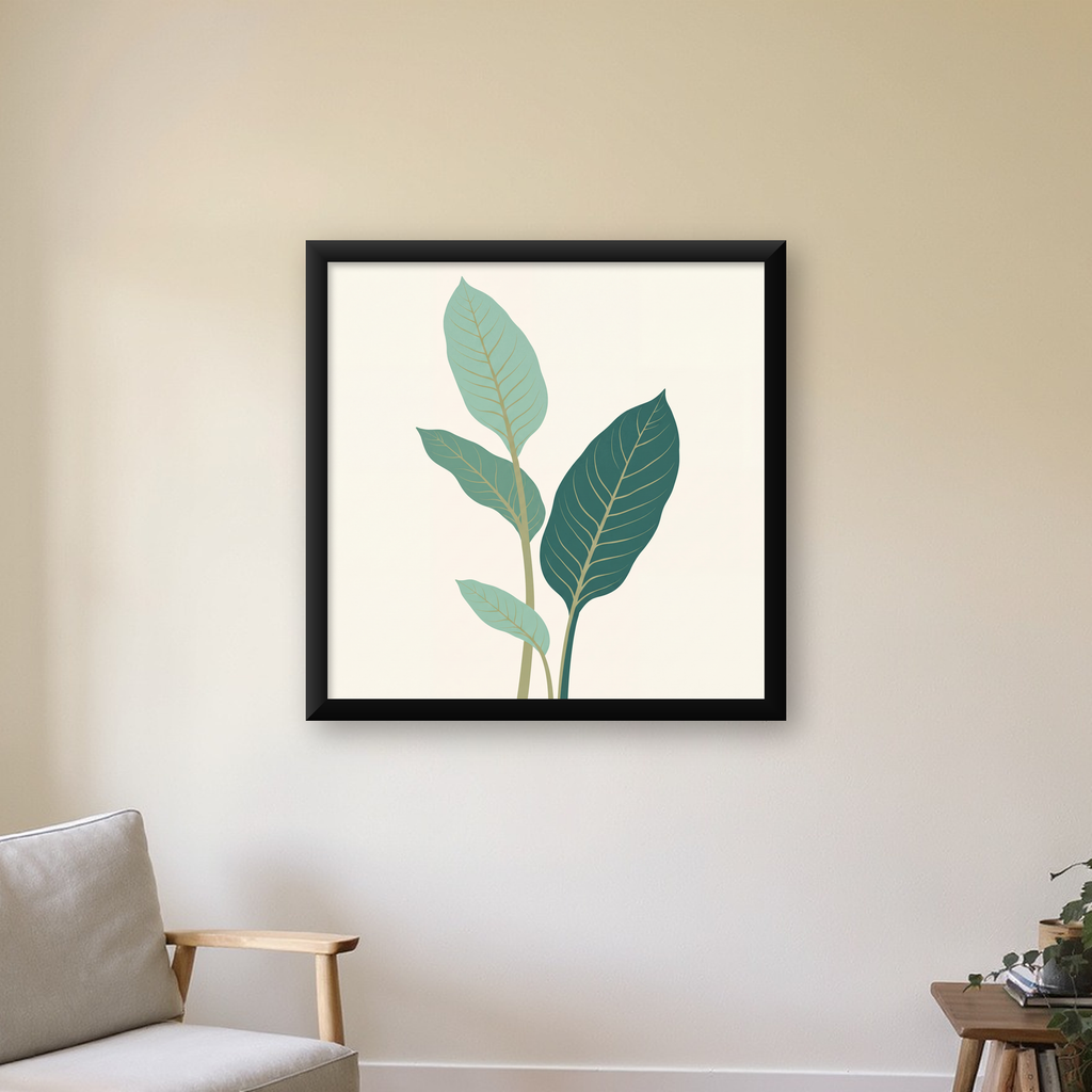 Minimalist Yeşil Yaprak İllüstrasyonlu Modern Poster — Kare baskı, çerçeveli hâliyle bir ev duvarında