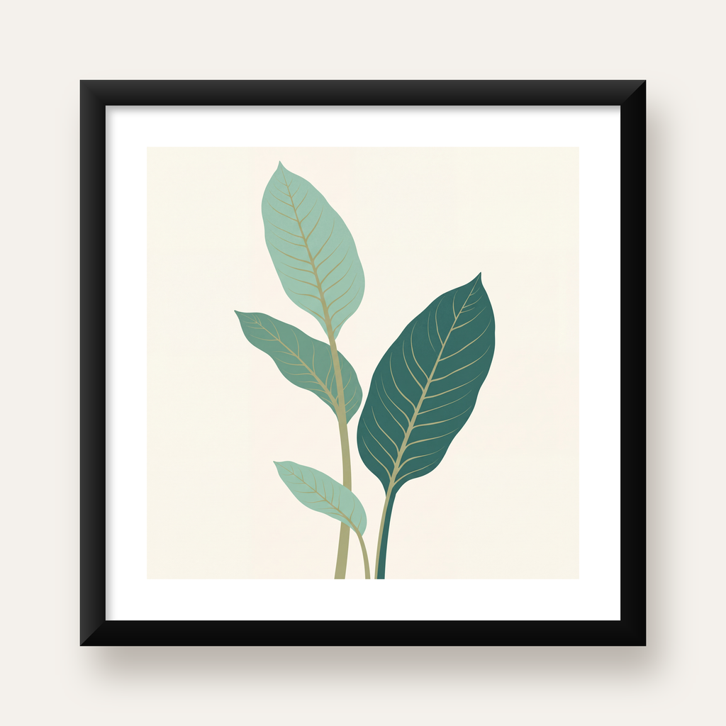 Minimalist Yeşil Yaprak İllüstrasyonlu Modern Poster — Kare baskı, beyaz paspartulu