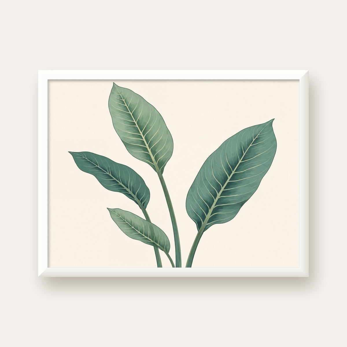 Minimalist Yeşil Yaprak İllüstrasyonlu Modern Poster — beyaz çerçeveli yatay poster