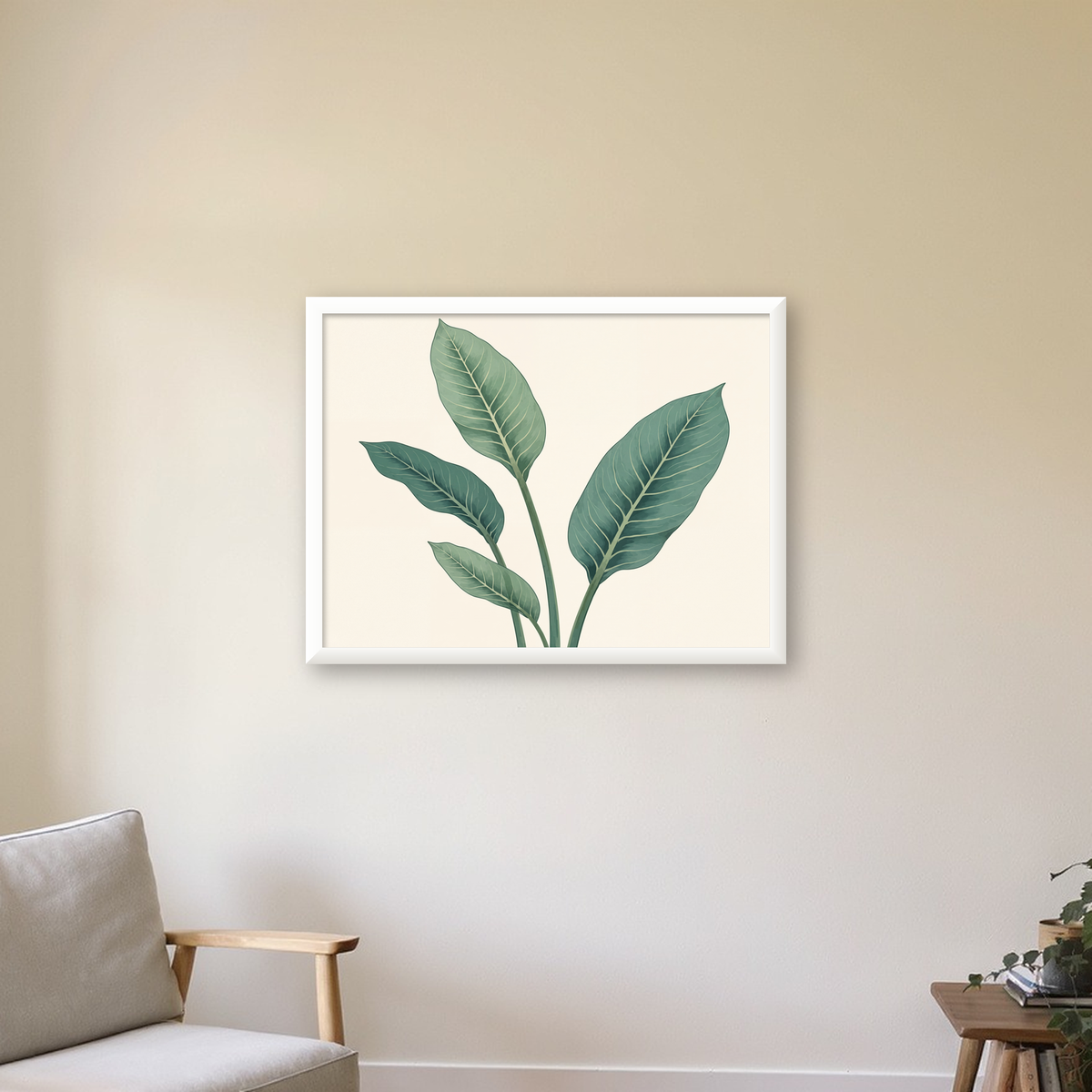 Minimalist Yeşil Yaprak İllüstrasyonlu Modern Poster — beyaz çerçeveli yatay poster