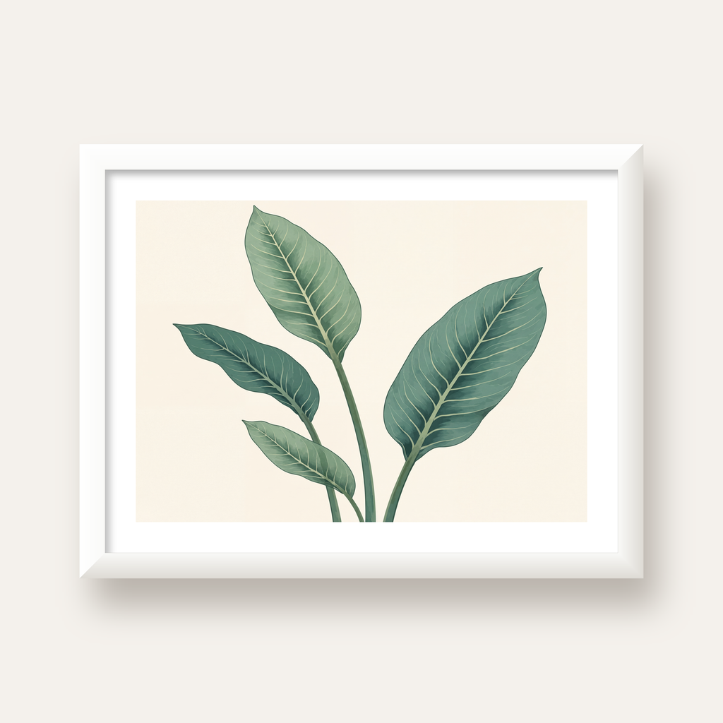 Minimalist Yeşil Yaprak İllüstrasyonlu Modern Poster — beyaz çerçeveli yatay poster
