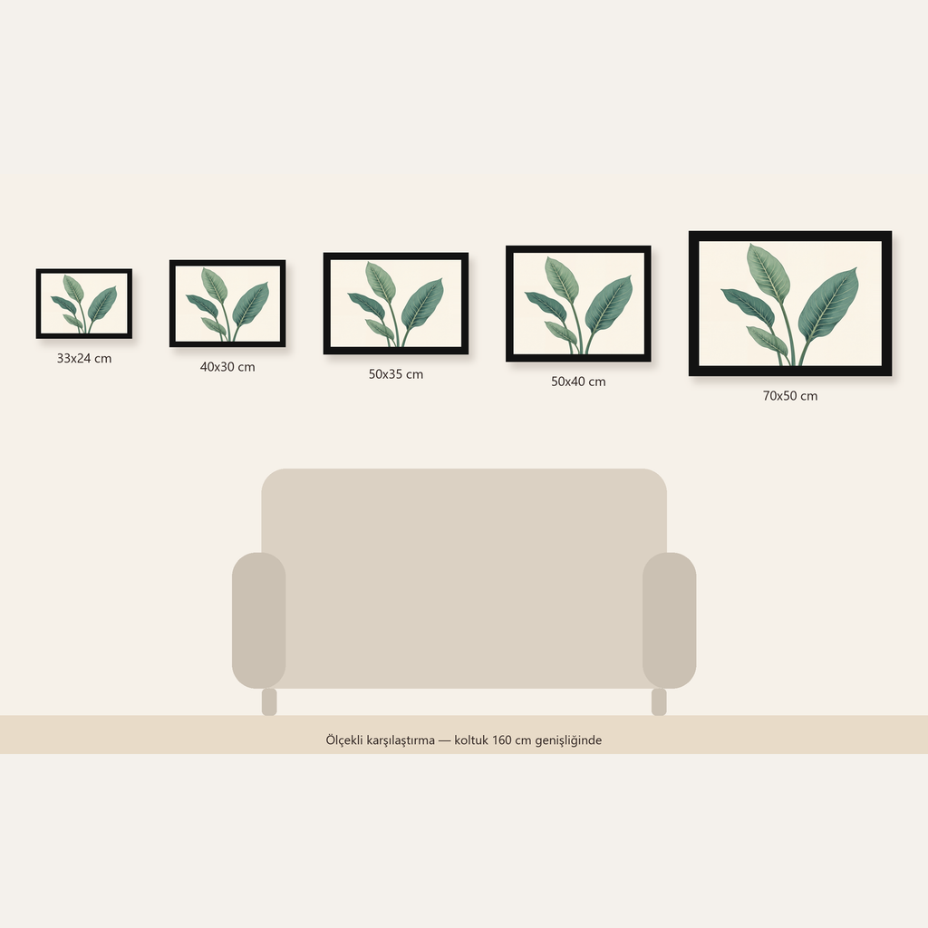 Minimalist Yeşil Yaprak İllüstrasyonlu Modern Poster — Yatay ölçülerinin karşılaştırması