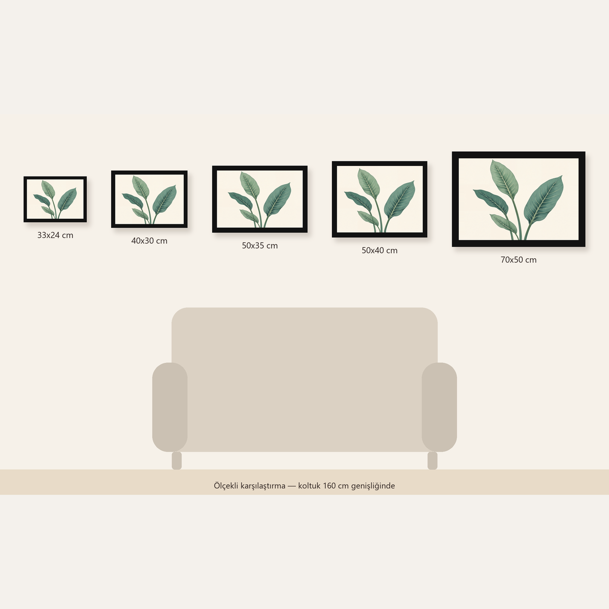 Minimalist Yeşil Yaprak İllüstrasyonlu Modern Poster — Yatay ölçülerinin karşılaştırması