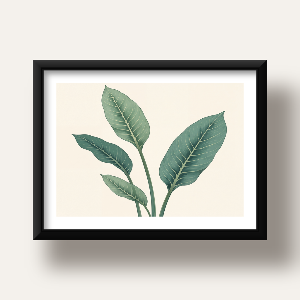 Minimalist Yeşil Yaprak İllüstrasyonlu Modern Poster — siyah derin çerçeveli paspartulu