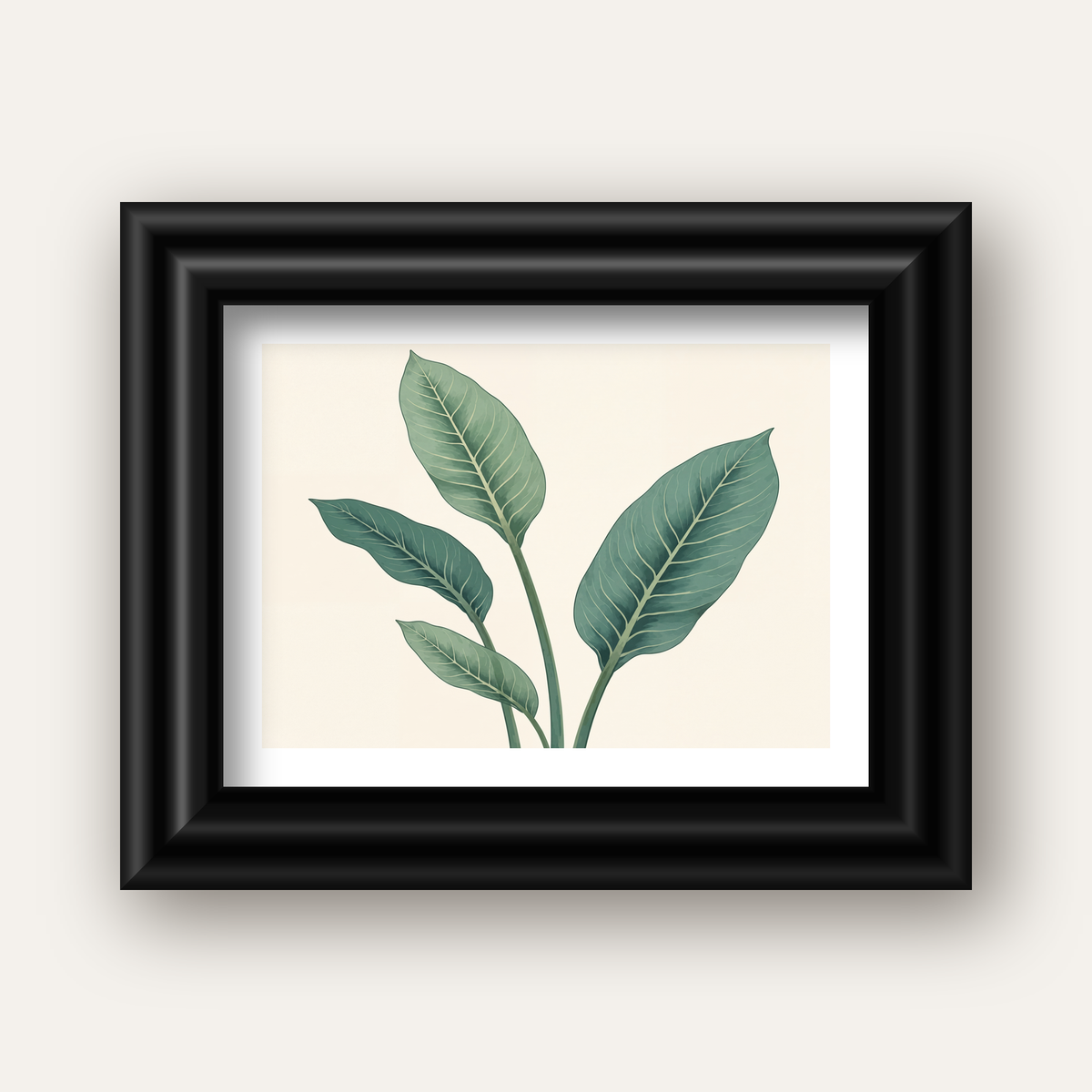 Minimalist Yeşil Yaprak İllüstrasyonlu Modern Poster — siyah galeri çerçeveli paspartulu
