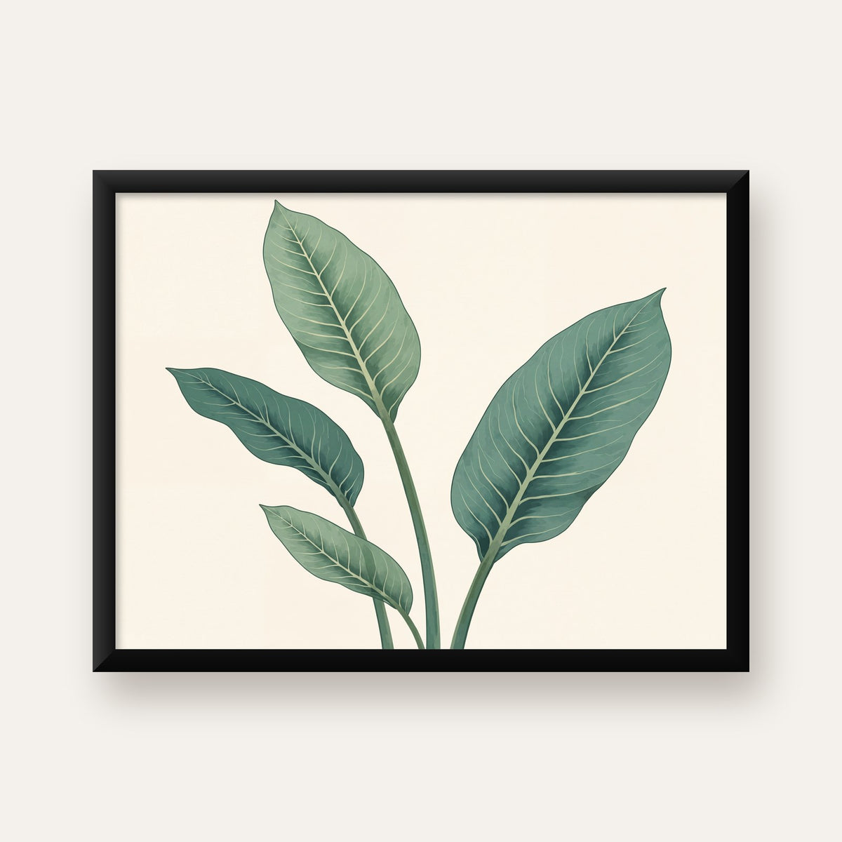 Minimalist Yeşil Yaprak İllüstrasyonlu Modern Poster — Yatay baskı, düz siyah çerçeveli duvar posteri