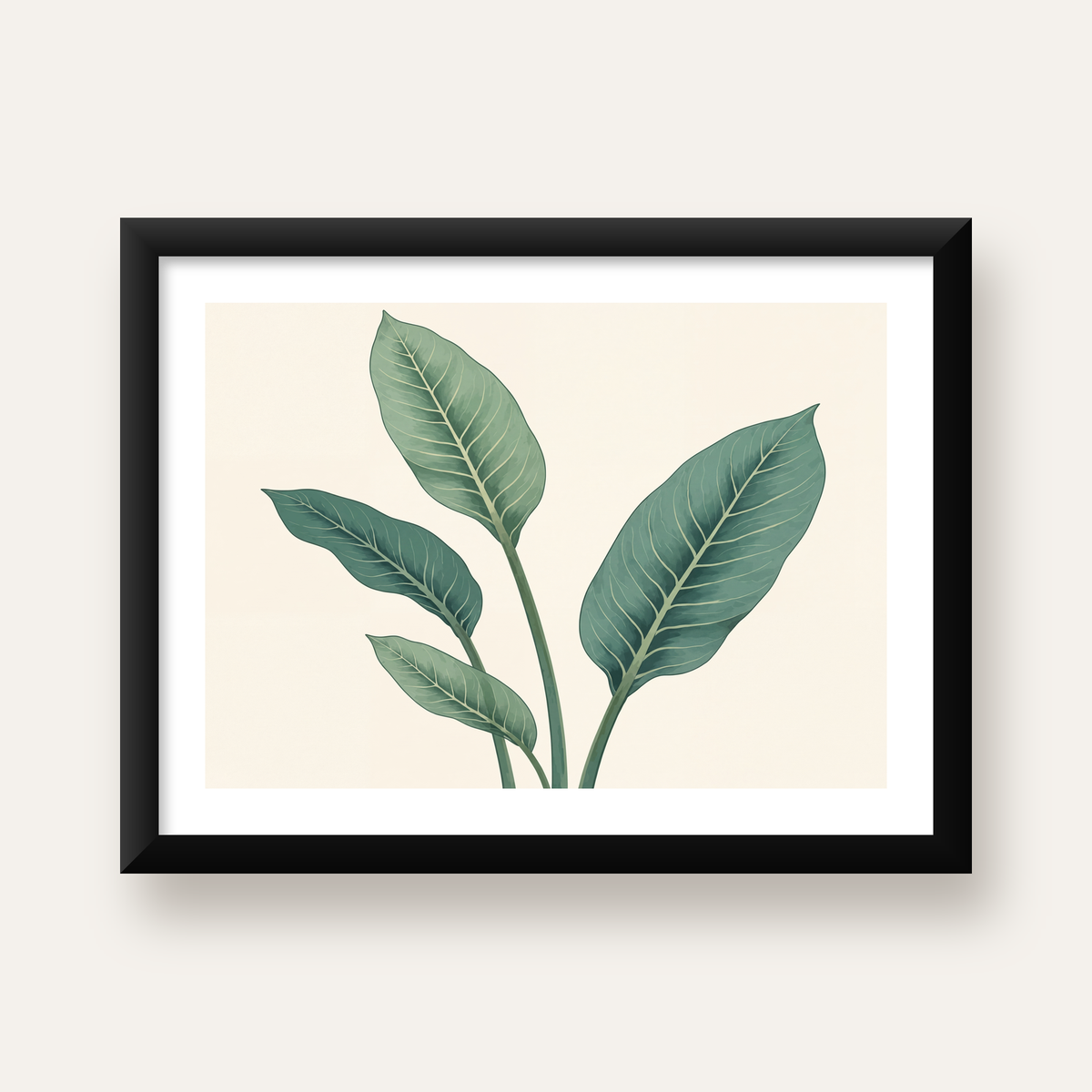 Minimalist Yeşil Yaprak İllüstrasyonlu Modern Poster — Yatay baskı, beyaz paspartulu