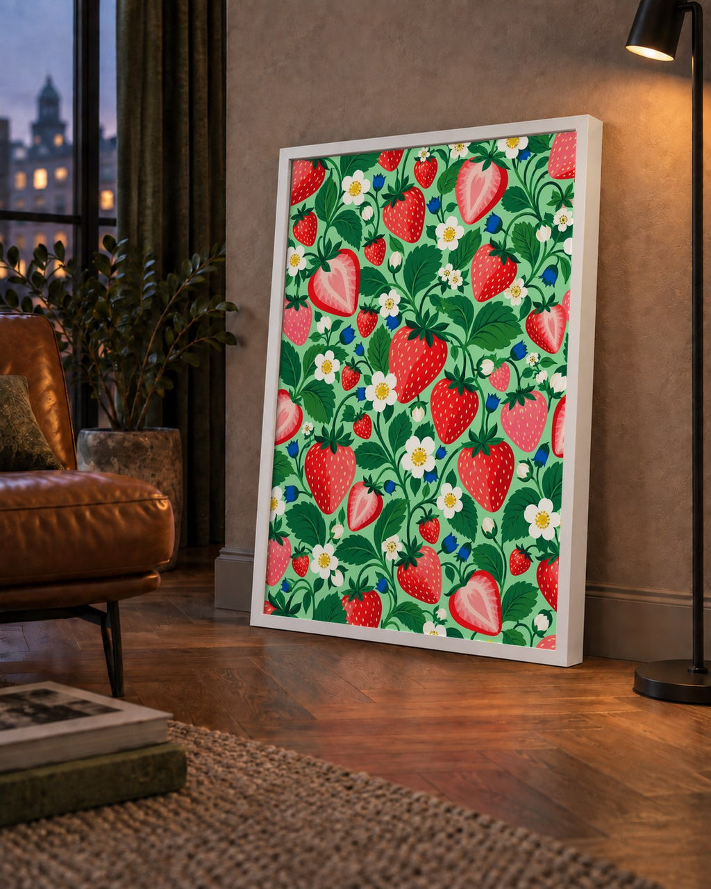 Çilek ve Çiçek Desenli Modern Renkli Sanat Poster — çerçeveli hâliyle bir ev duvarında
