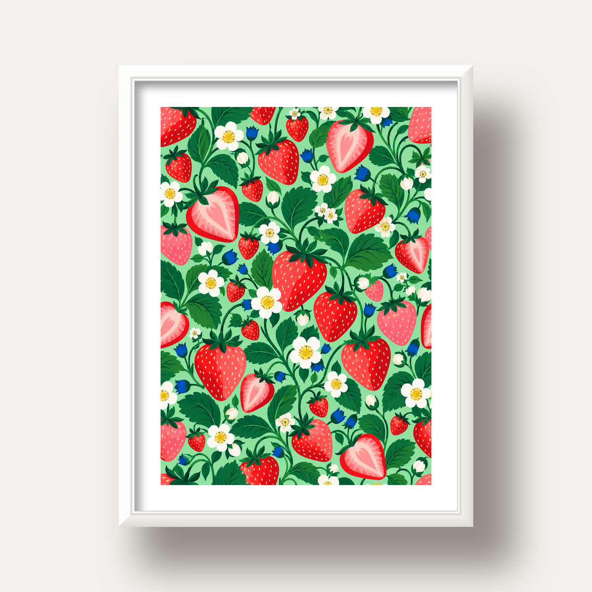 Çilek ve Çiçek Desenli Modern Renkli Sanat Poster — beyaz derin çerçeveli paspartulu