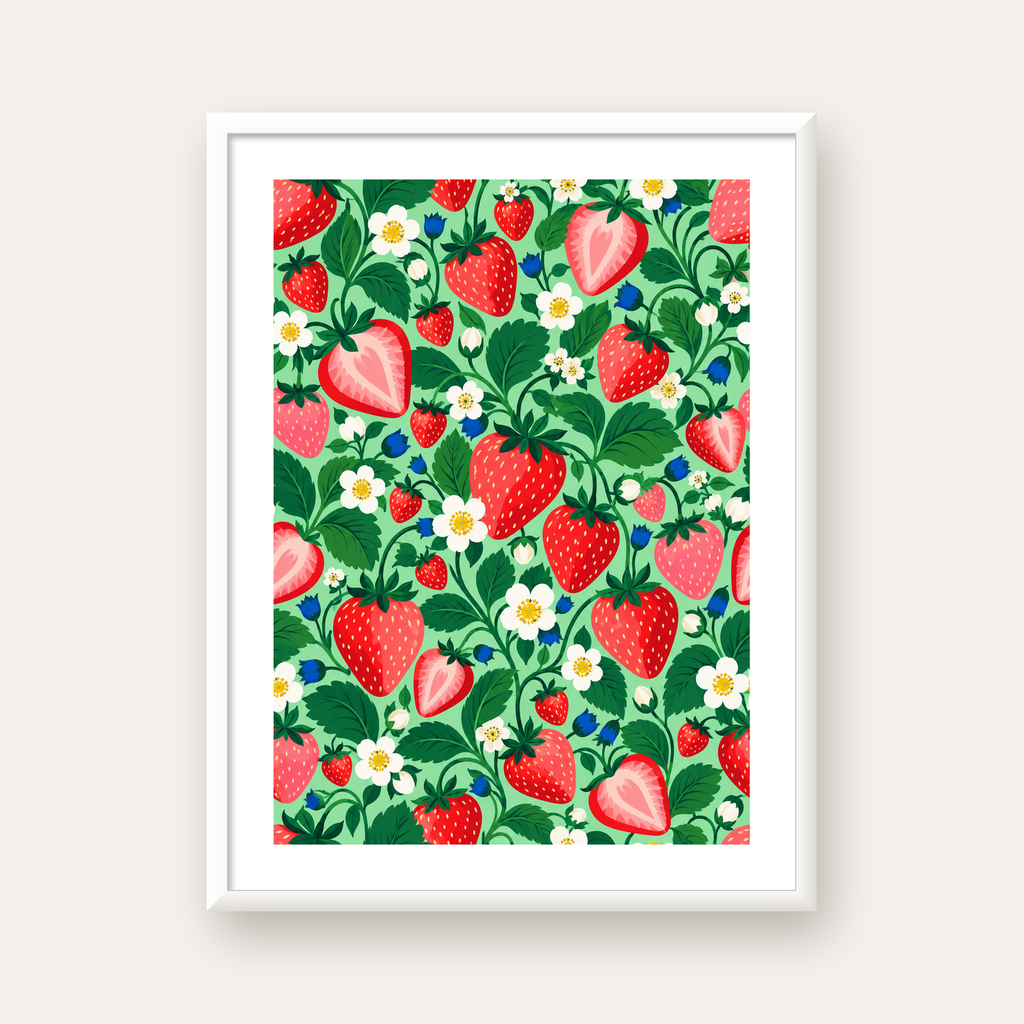 Çilek ve Çiçek Desenli Modern Renkli Sanat Poster — beyaz çerçeveli dikey poster