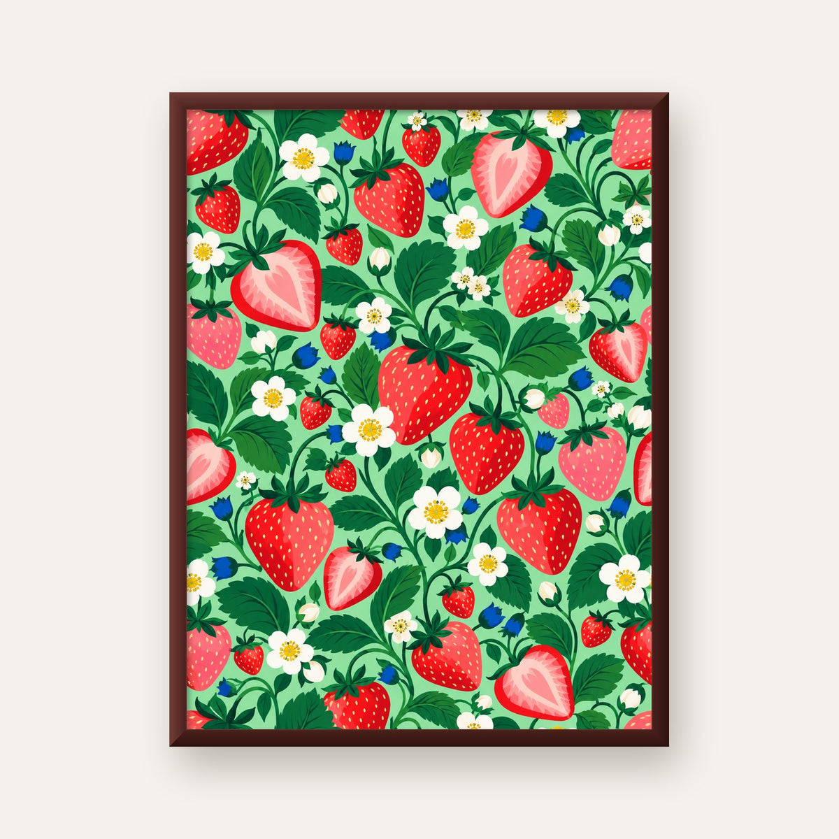 Çilek ve Çiçek Desenli Modern Renkli Sanat Poster — ceviz çerçeveli