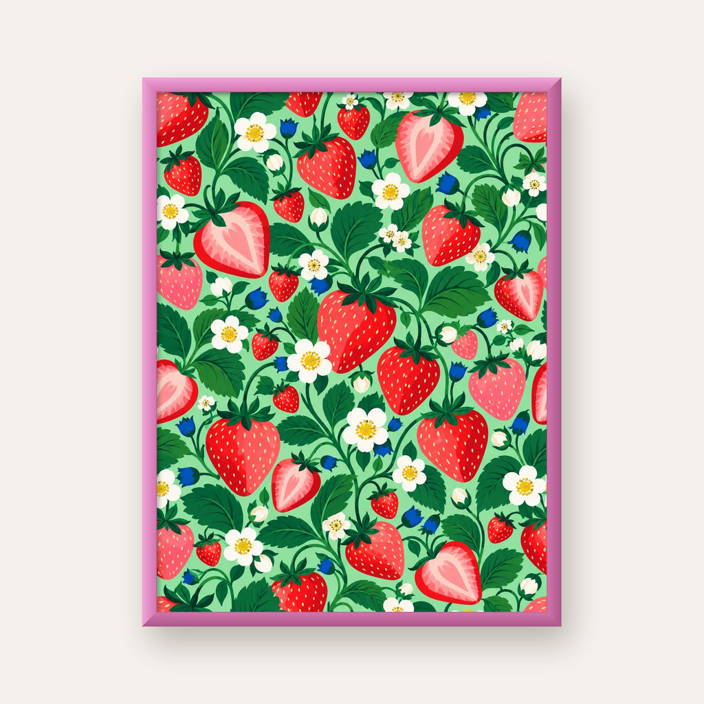 Çilek ve Çiçek Desenli Modern Renkli Sanat Poster — pembe çerçeveli