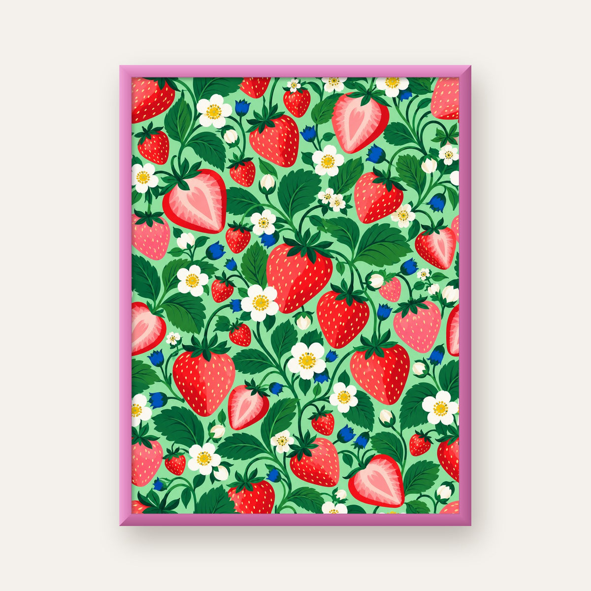 Çilek ve Çiçek Desenli Modern Renkli Sanat Poster — pembe çerçeveli