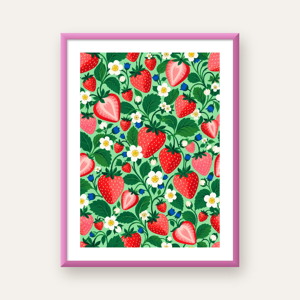Çilek ve Çiçek Desenli Modern Renkli Sanat Poster — pembe çerçeveli paspartulu