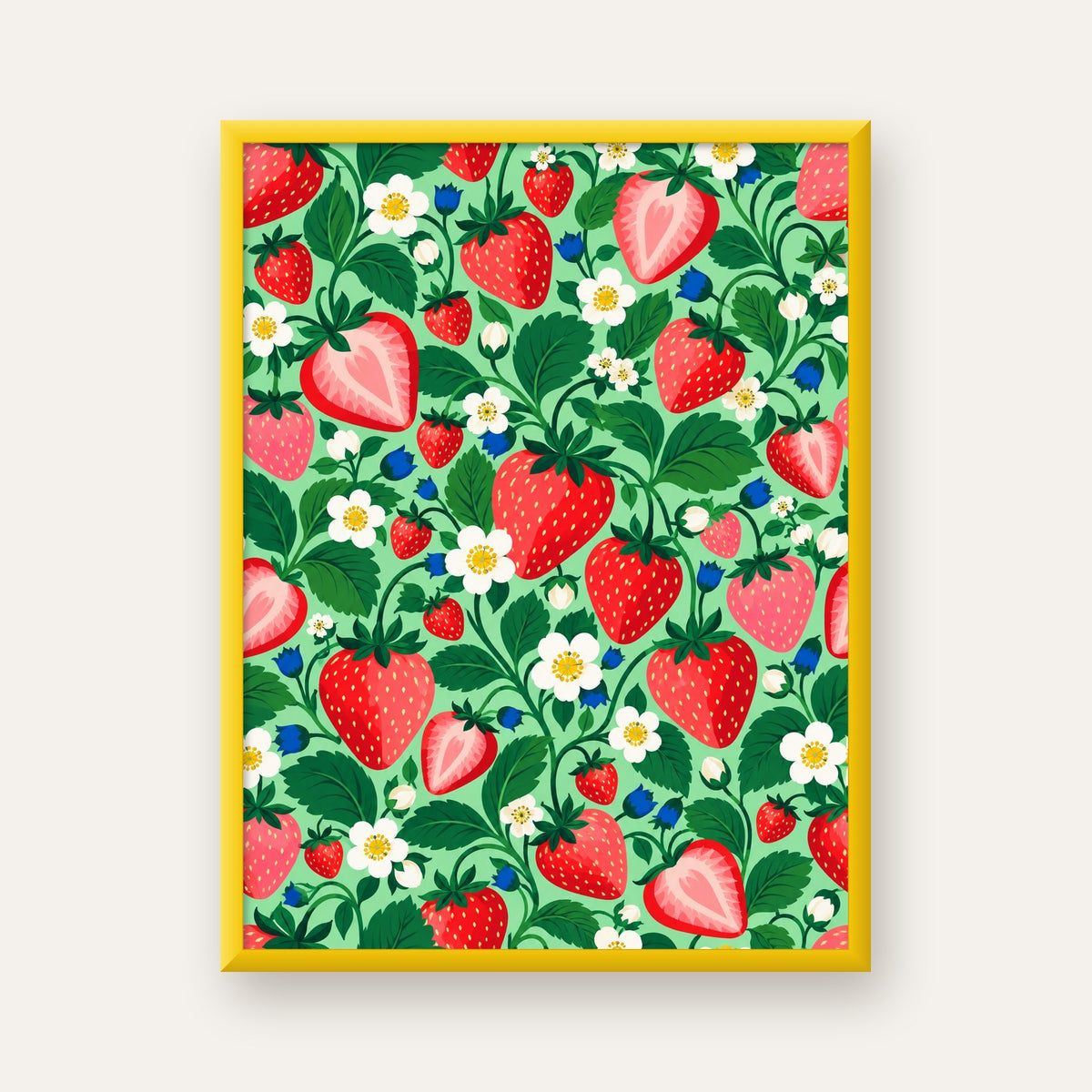 Çilek ve Çiçek Desenli Modern Renkli Sanat Poster — sarı çerçeveli
