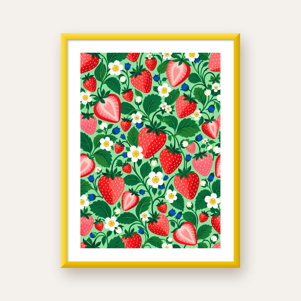 Çilek ve Çiçek Desenli Modern Renkli Sanat Poster — sarı çerçeveli paspartulu