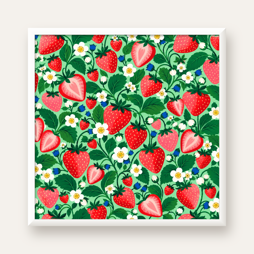 Çilek ve Çiçek Desenli Modern Renkli Sanat Poster — beyaz çerçeveli kare poster