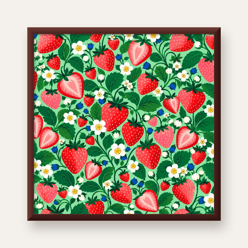 Çilek ve Çiçek Desenli Modern Renkli Sanat Poster — ceviz çerçeveli