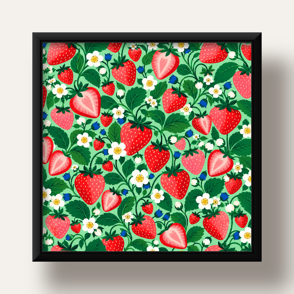 Çilek ve Çiçek Desenli Modern Renkli Sanat Poster — siyah derin çerçeveli