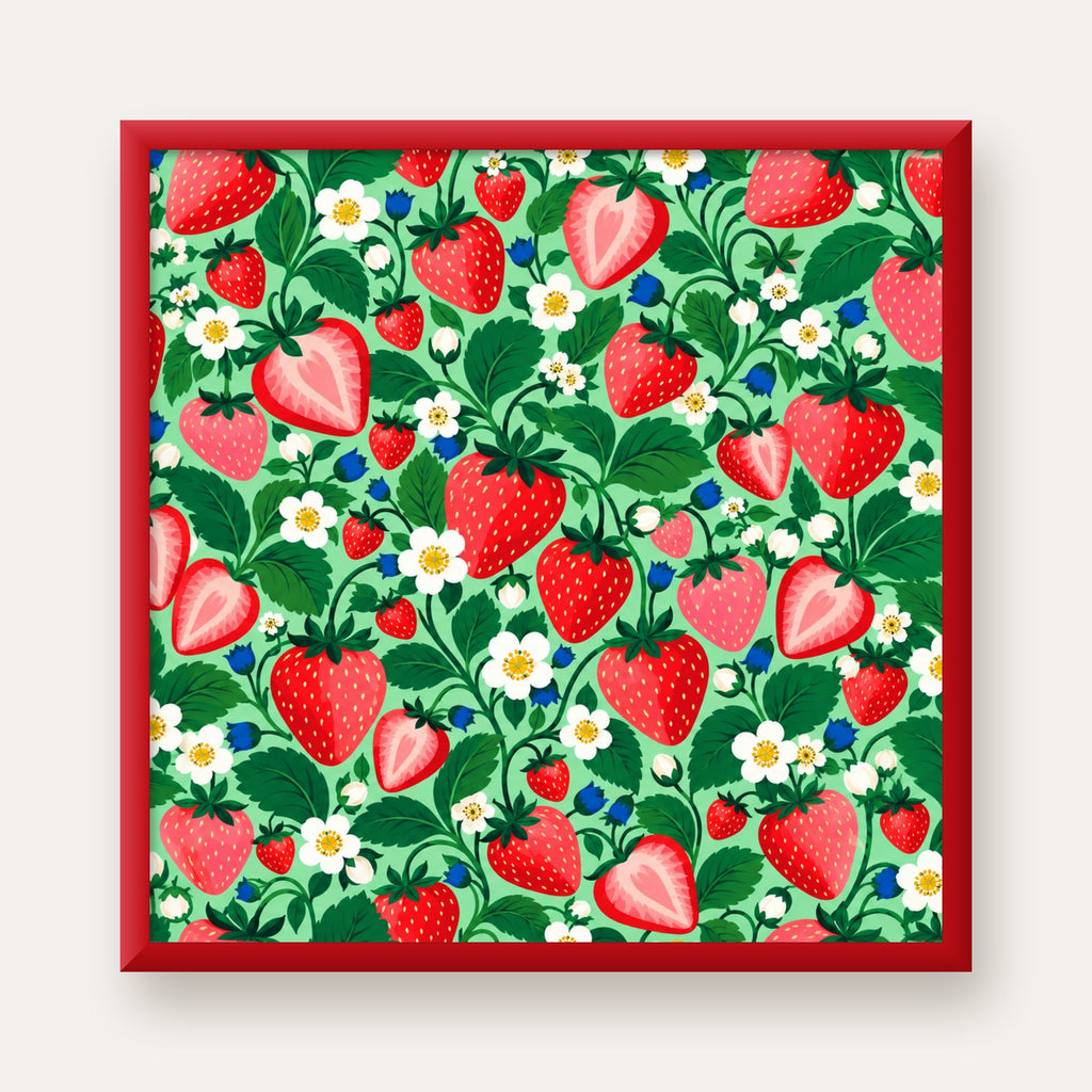 Çilek ve Çiçek Desenli Modern Renkli Sanat Poster — kırmızı çerçeveli