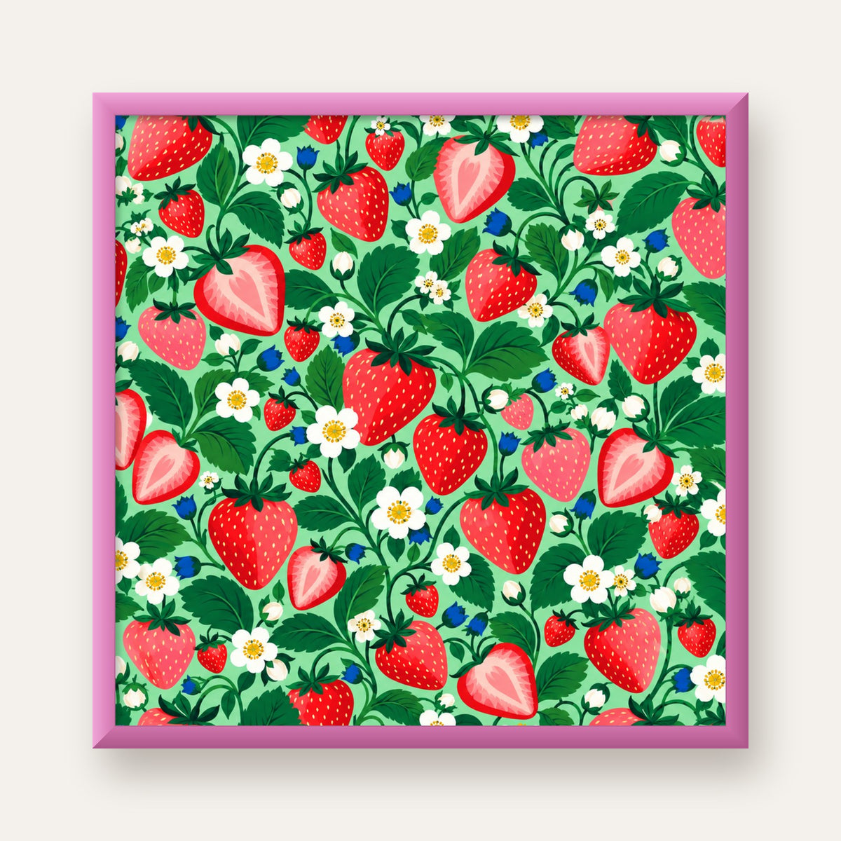 Çilek ve Çiçek Desenli Modern Renkli Sanat Poster — pembe çerçeveli