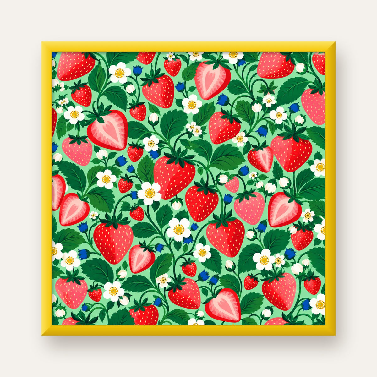 Çilek ve Çiçek Desenli Modern Renkli Sanat Poster — sarı çerçeveli