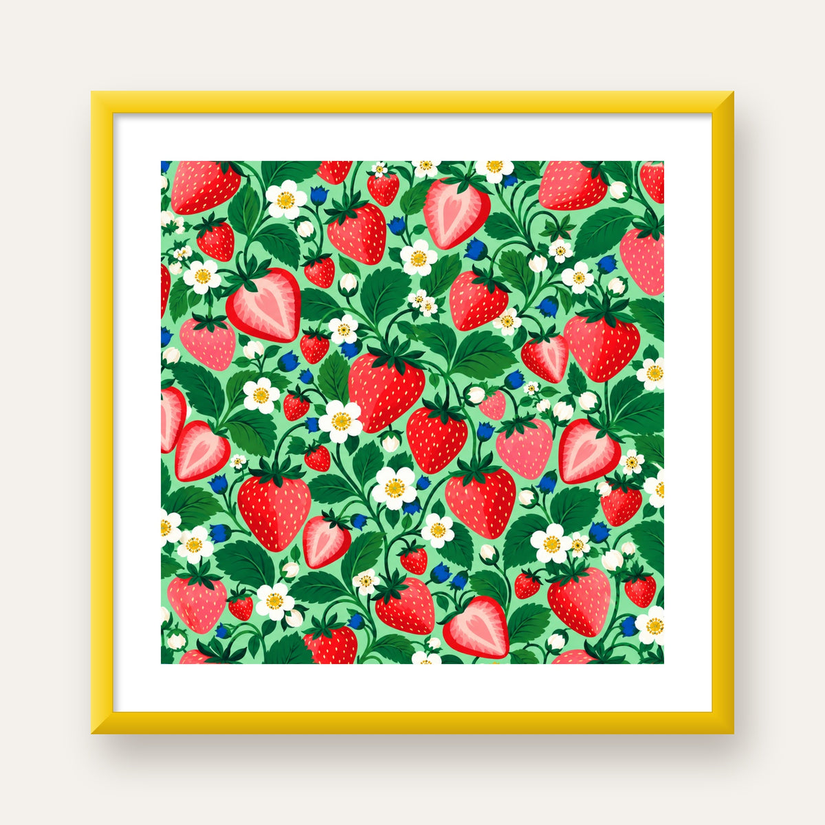 Çilek ve Çiçek Desenli Modern Renkli Sanat Poster — sarı çerçeveli paspartulu